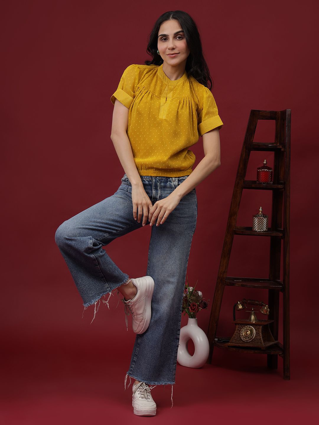 

NEUDIS Women Mandarin Collar Regular Top, Mustard