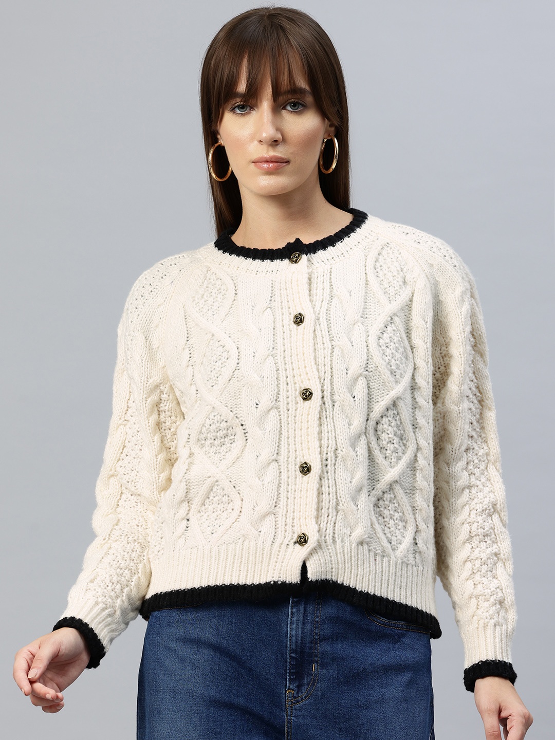 

Pierre Carlo Cable Acrylic Knit Crop Cardigan, Off white