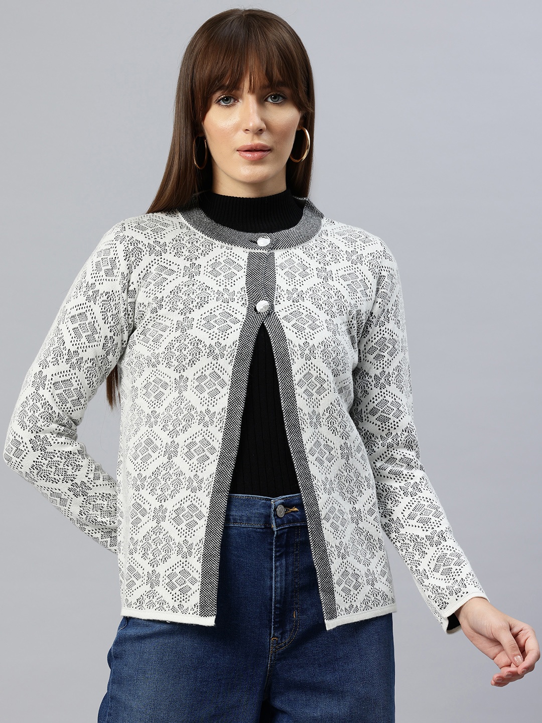 

Pierre Carlo Geometric Self Design Acrylic Cardigan, White