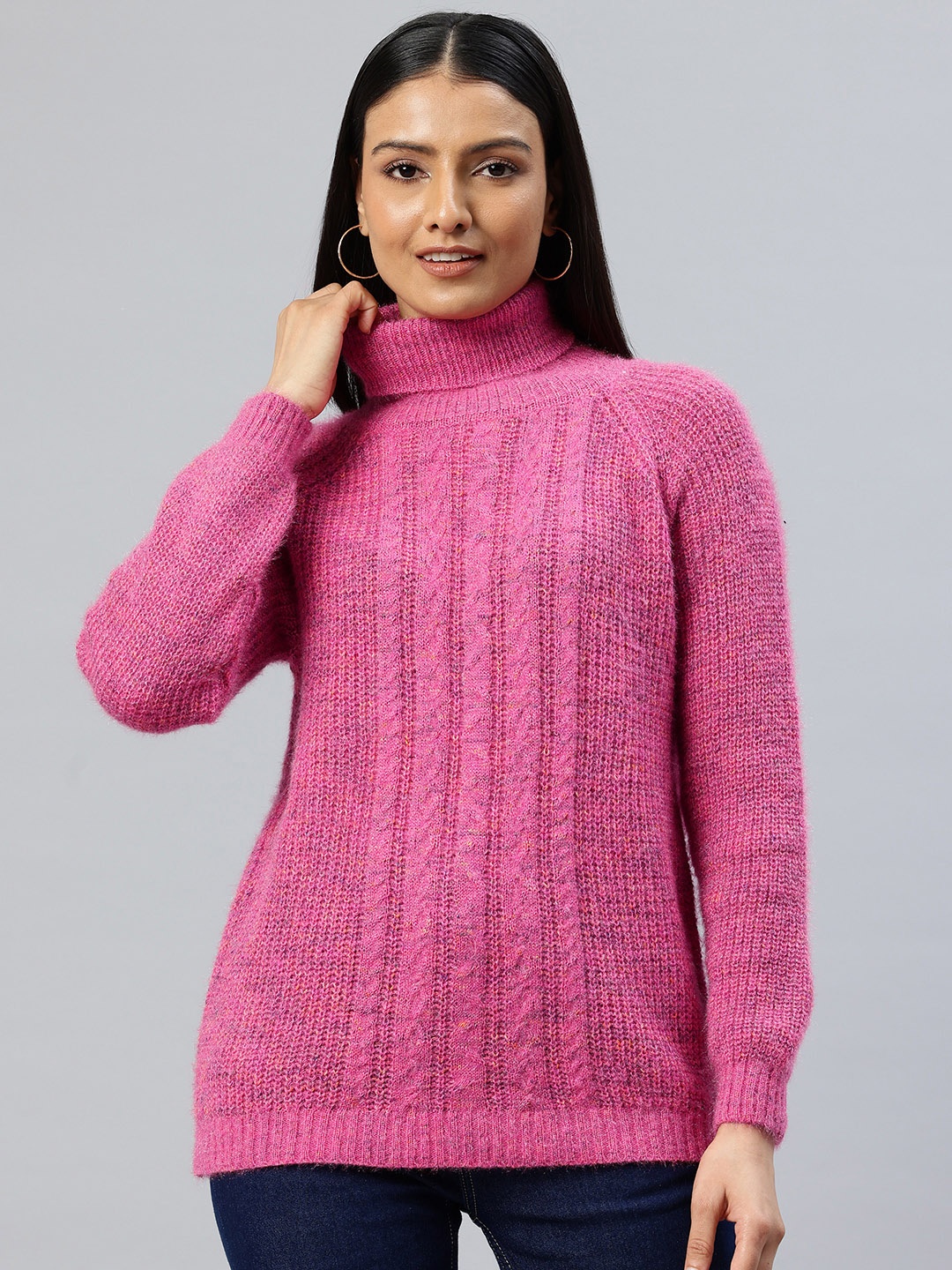 

Pierre Carlo Cable Knit Turtle Neck Acrylic Longline Pullover, Fuchsia