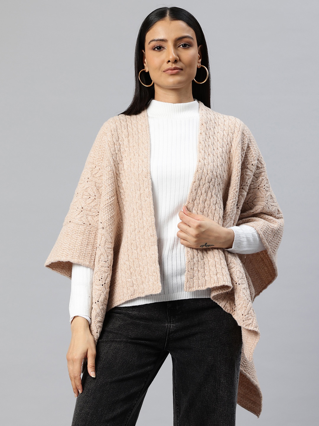 

Pierre Carlo Cable Knit Front Open Sweater, Beige