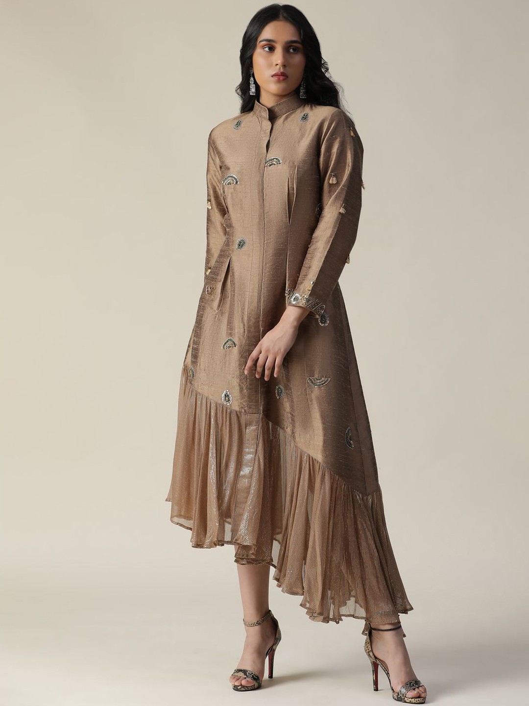 

ARPITA SULAKSHANA Floral Embroidered Sequinned Mandarin Collar Ethnic Dress, Brown