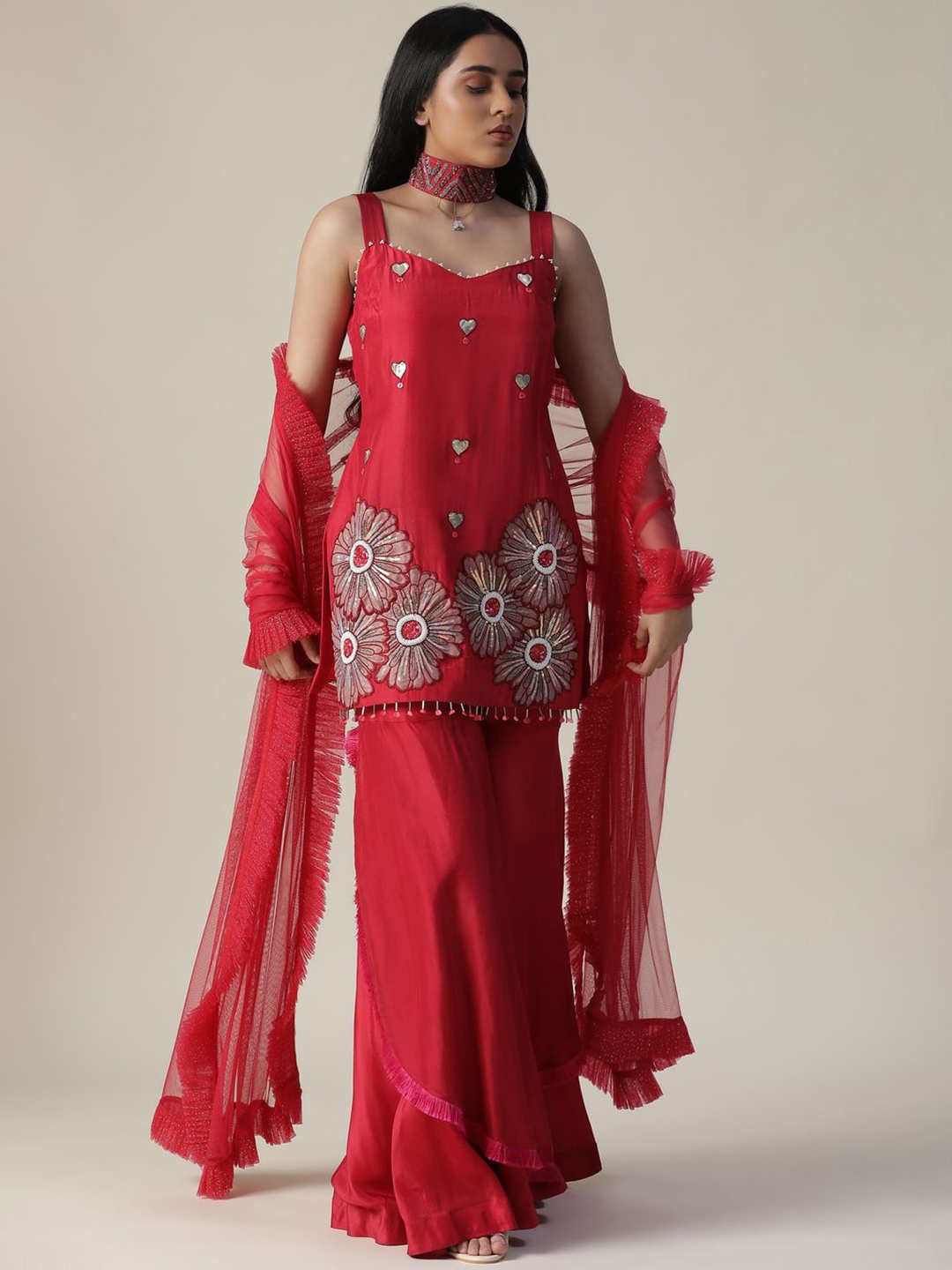 ARPITA SULAKSHANA Floral Embroidered Chanderi Silk Kurti with Sharara & Dupatta, Red