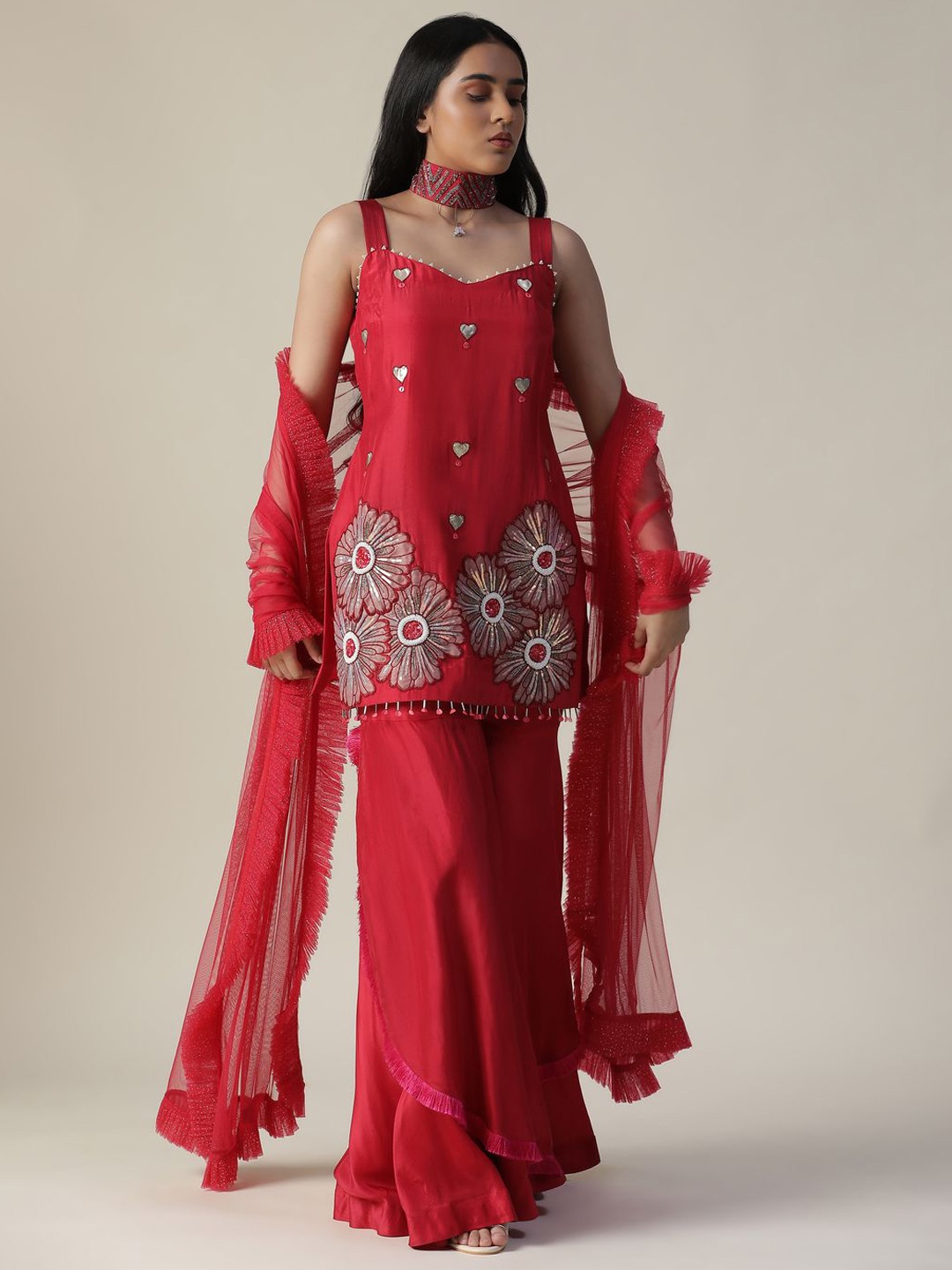 

ARPITA SULAKSHANA Embroidered Regular Chanderi Silk Straight Kurti With Sharara & Dupatta, Red