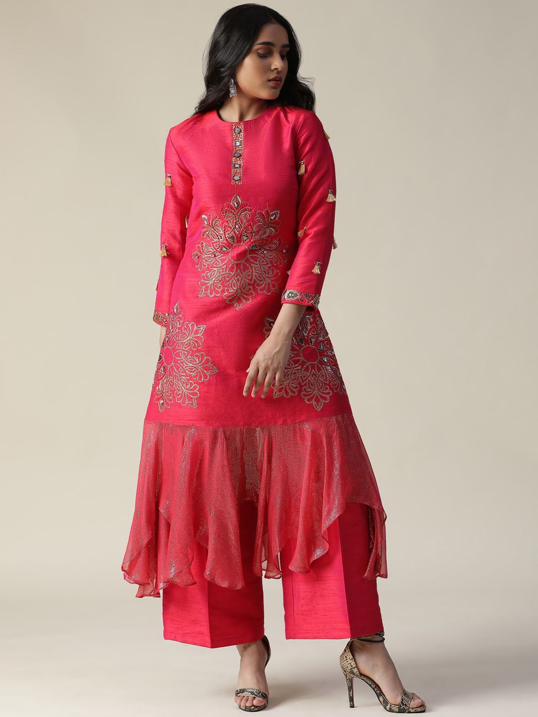 

ARPITA SULAKSHANA Floral Embroidered Regular Mirror Work Raw Silk A-Line Kurta & Palazzos, Pink