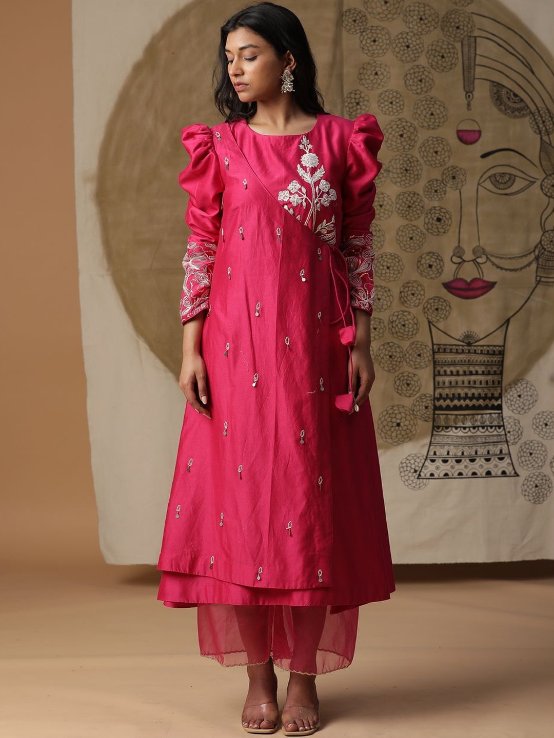 

ARPITA SULAKSHANA Floral Embroidered Chanderi Silk Angrakha Kurta With Palazzos, Pink