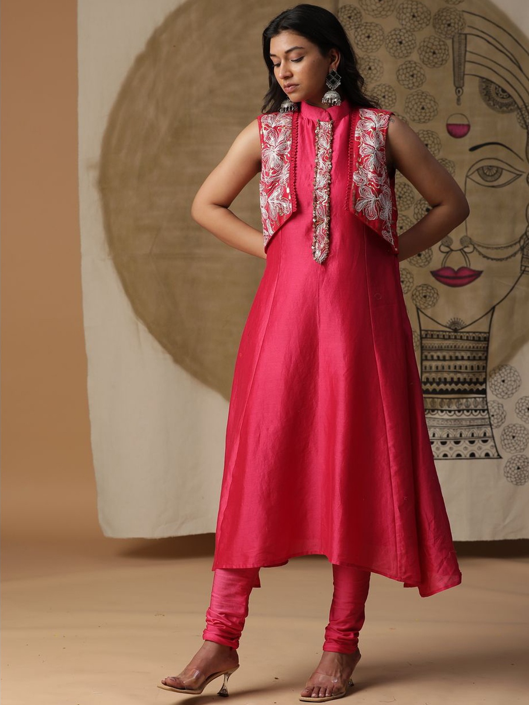 

ARPITA SULAKSHANA Floral Embroidered Sequinned Chanderi Silk A-Line Kurta with Churidar, Pink