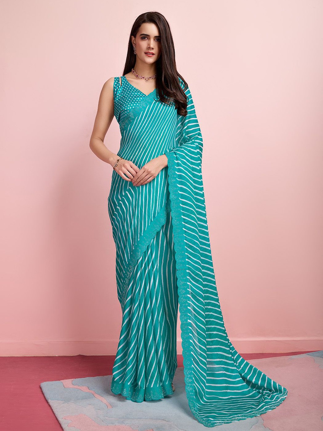 

Ishin Leheriya Embellished Saree with Blouse, Teal