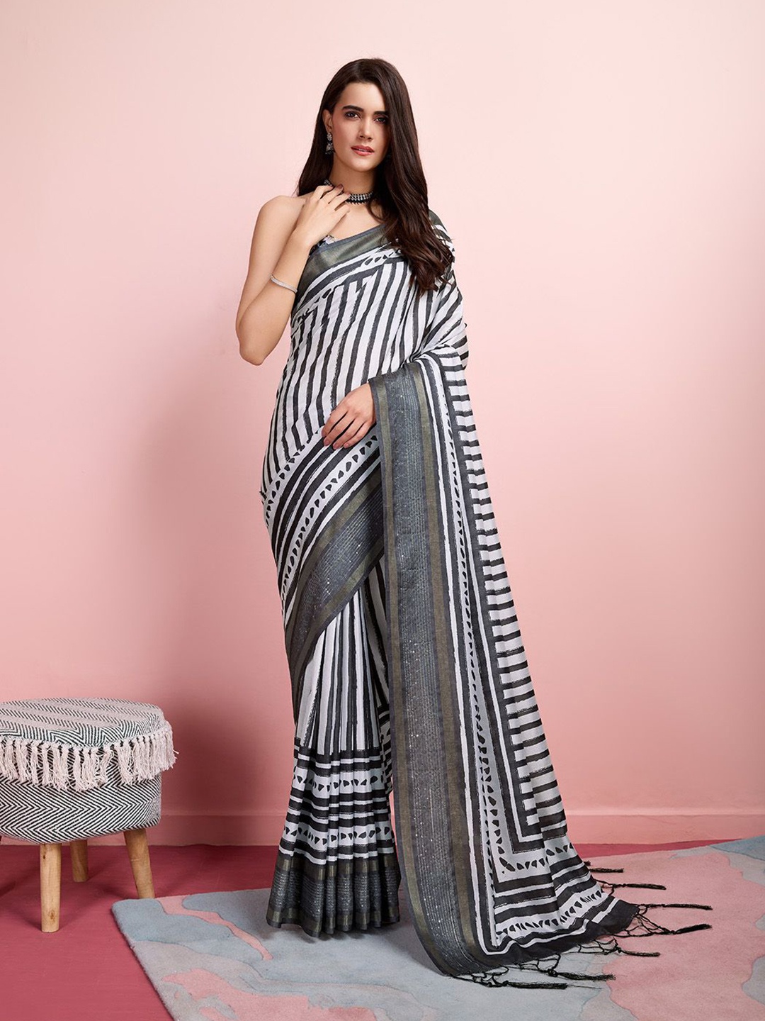 

Ishin Striped Sequinned Tassel Saree with Floral Blouse, Black