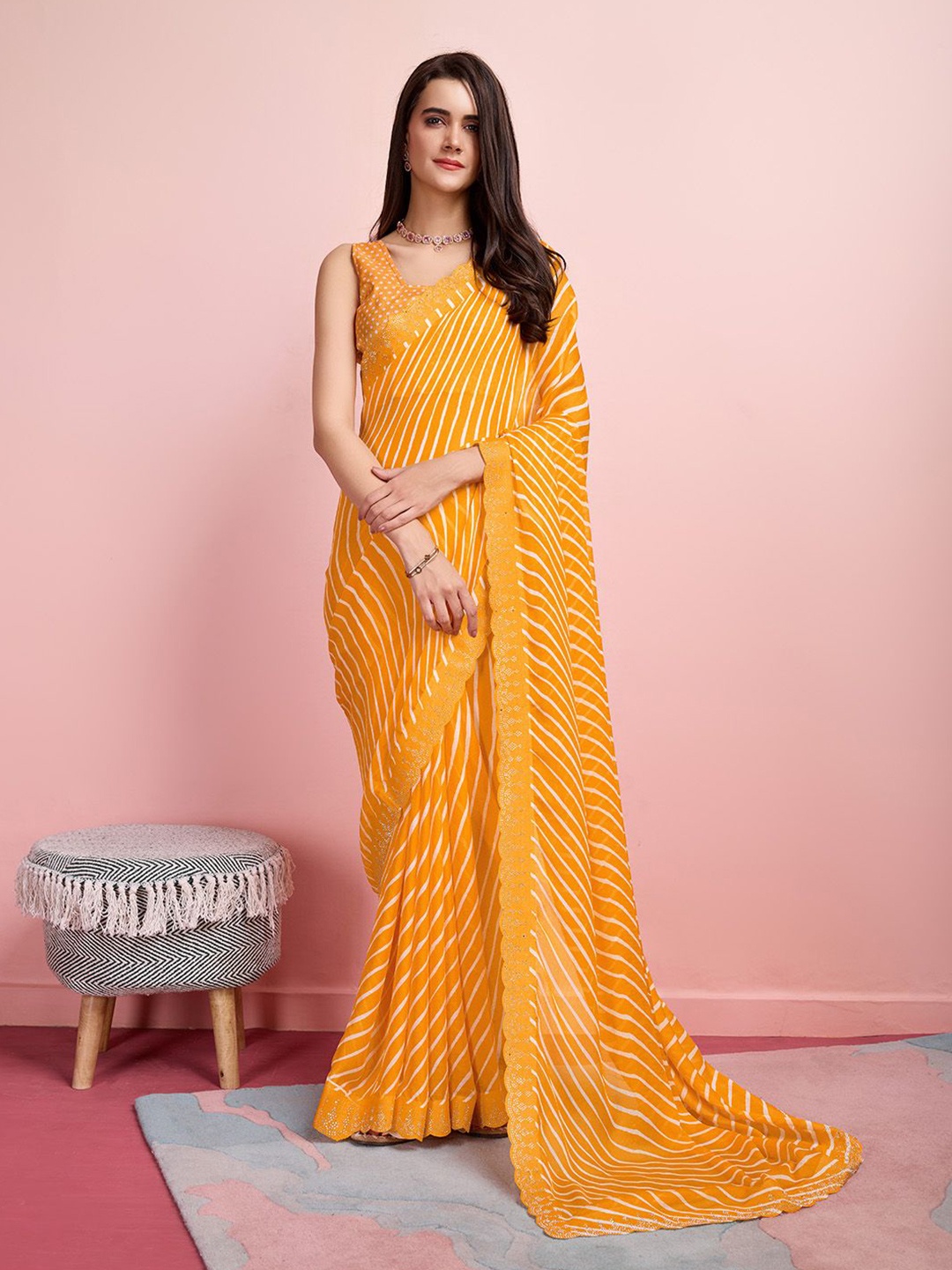 

Ishin Striped Embroidered Saree, Yellow