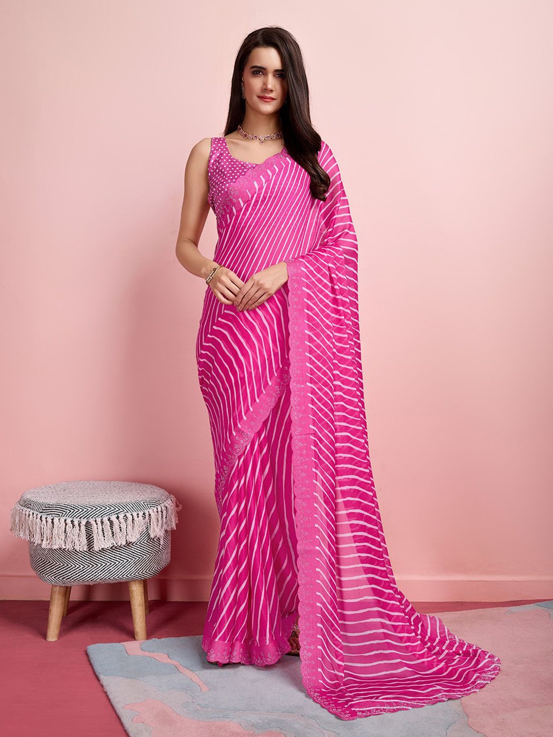 

Ishin Leheriya Sequinned Saree with Blouse, Pink
