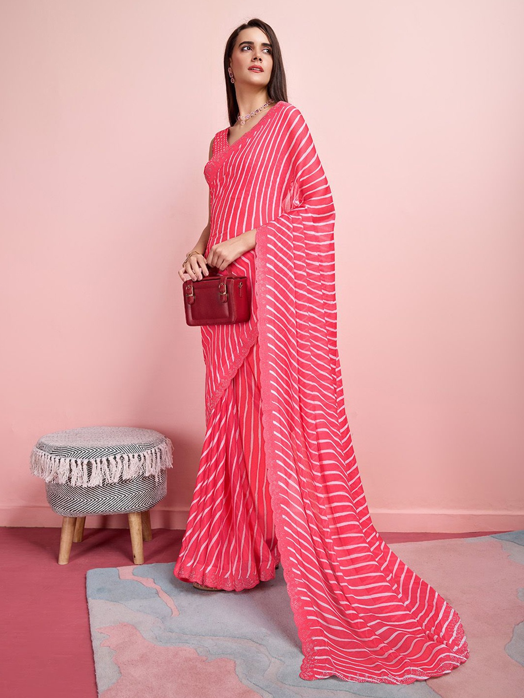 

Ishin Leheriya Sequinned Saree with Blouse, Pink