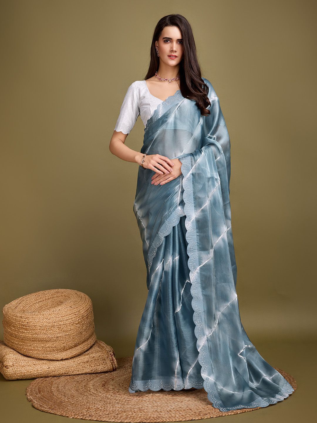 

Ishin Striped Beads and Stones Embellished Organza Saree, Grey