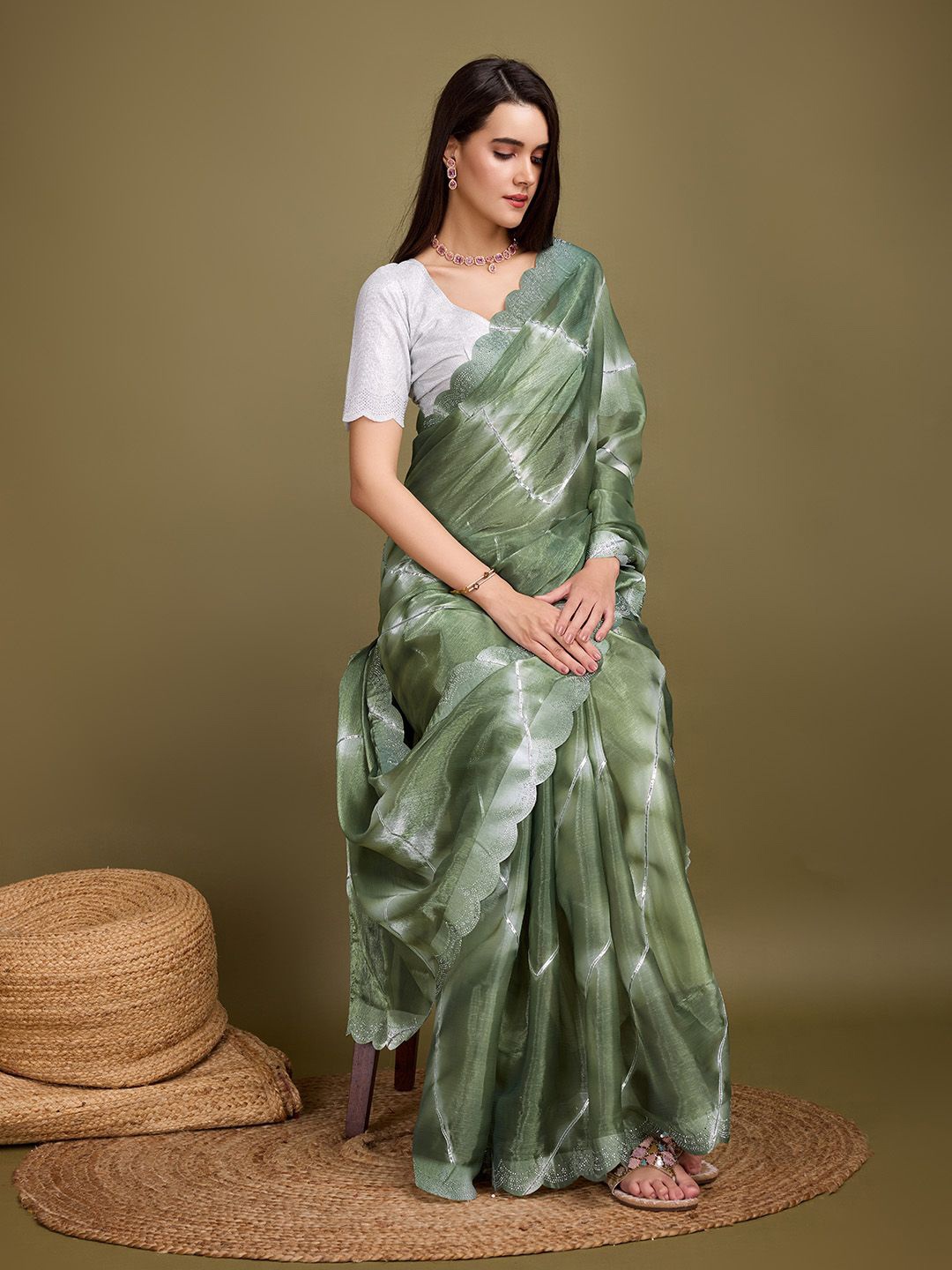 

Ishin Striped Embroidered Organza Saree, Green