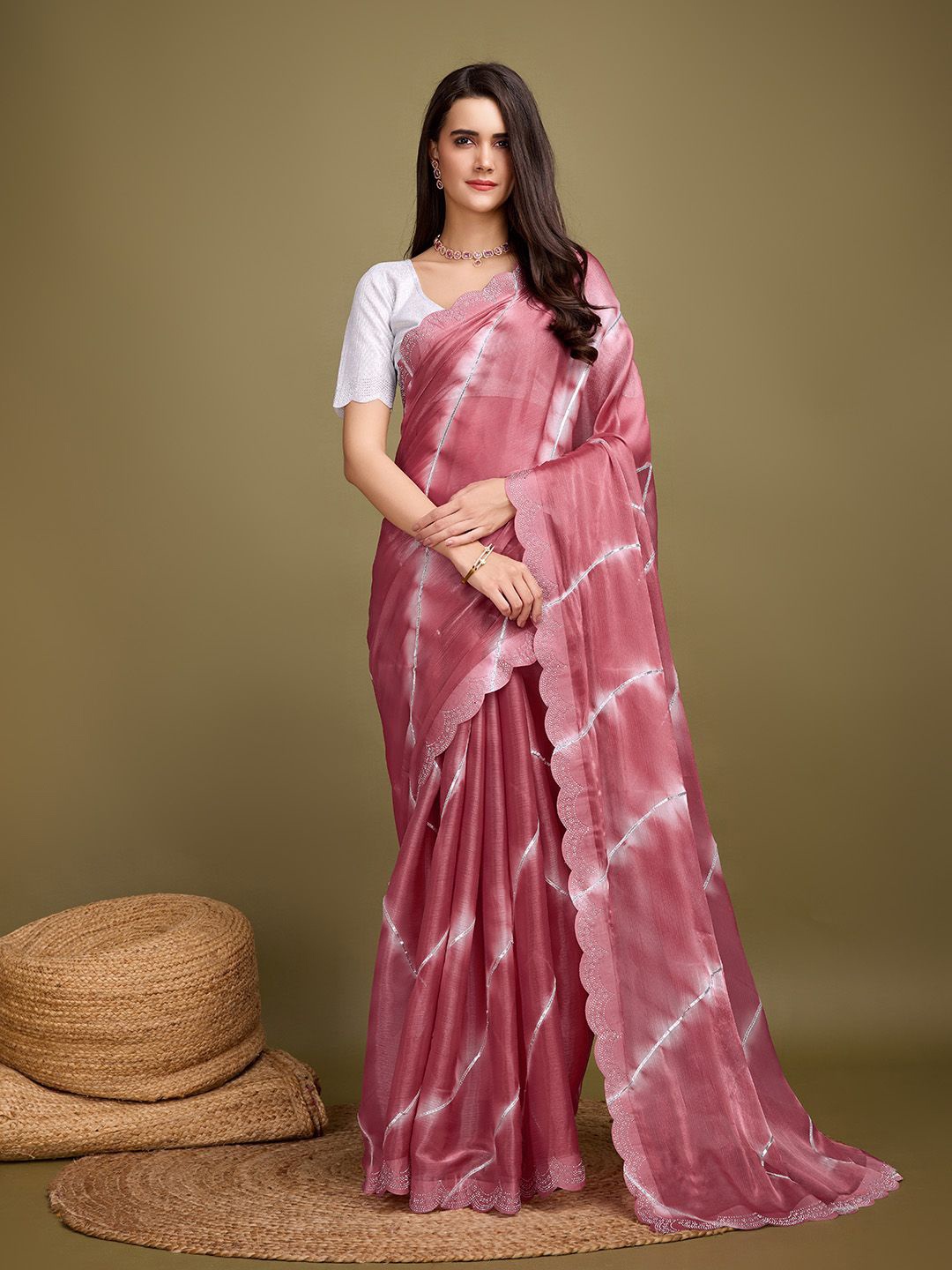 

Ishin Tie and Dye Gota Patti Sequinned Organza Saree, Pink