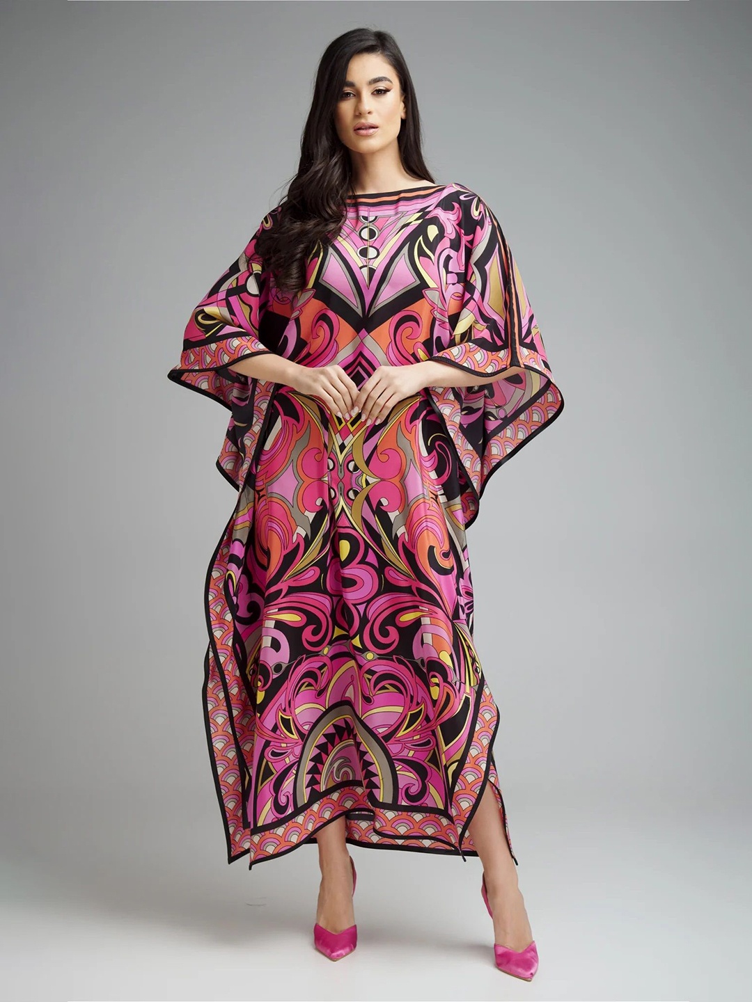 

Navvi Women Ethnic Motifs Print Kimono Sleeve Crepe Kaftan Maxi Dress, Multi