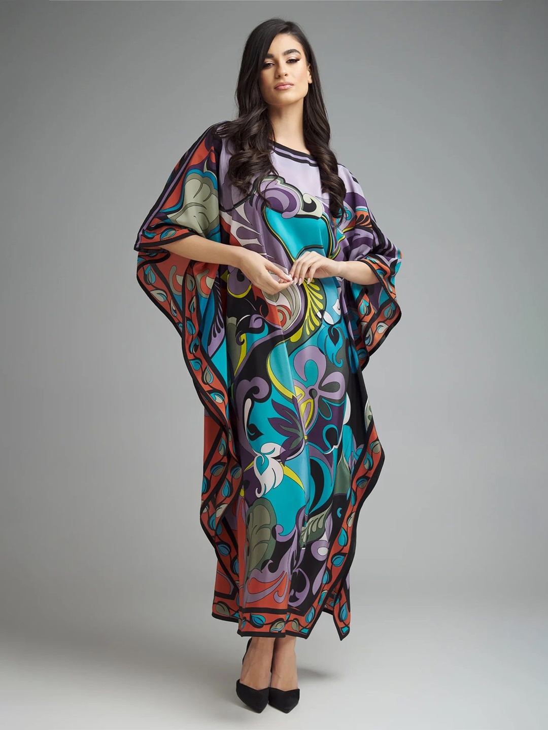 

Navvi Floral Print Kimono Sleeve Crepe Kaftan Maxi Dress, Blue