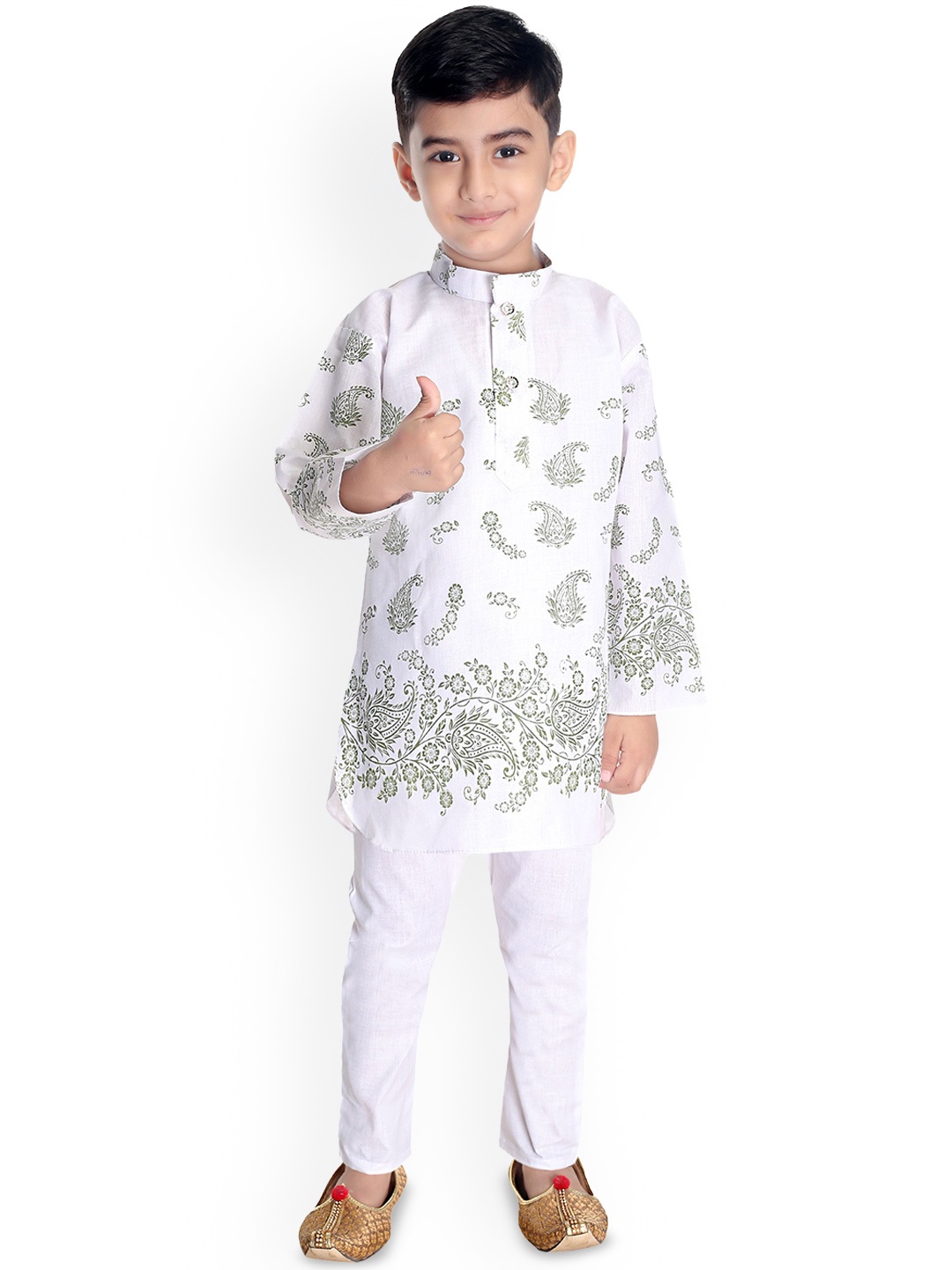 

BAESD Boys Floral Printed Band Collar Kurta With Trousers, Green