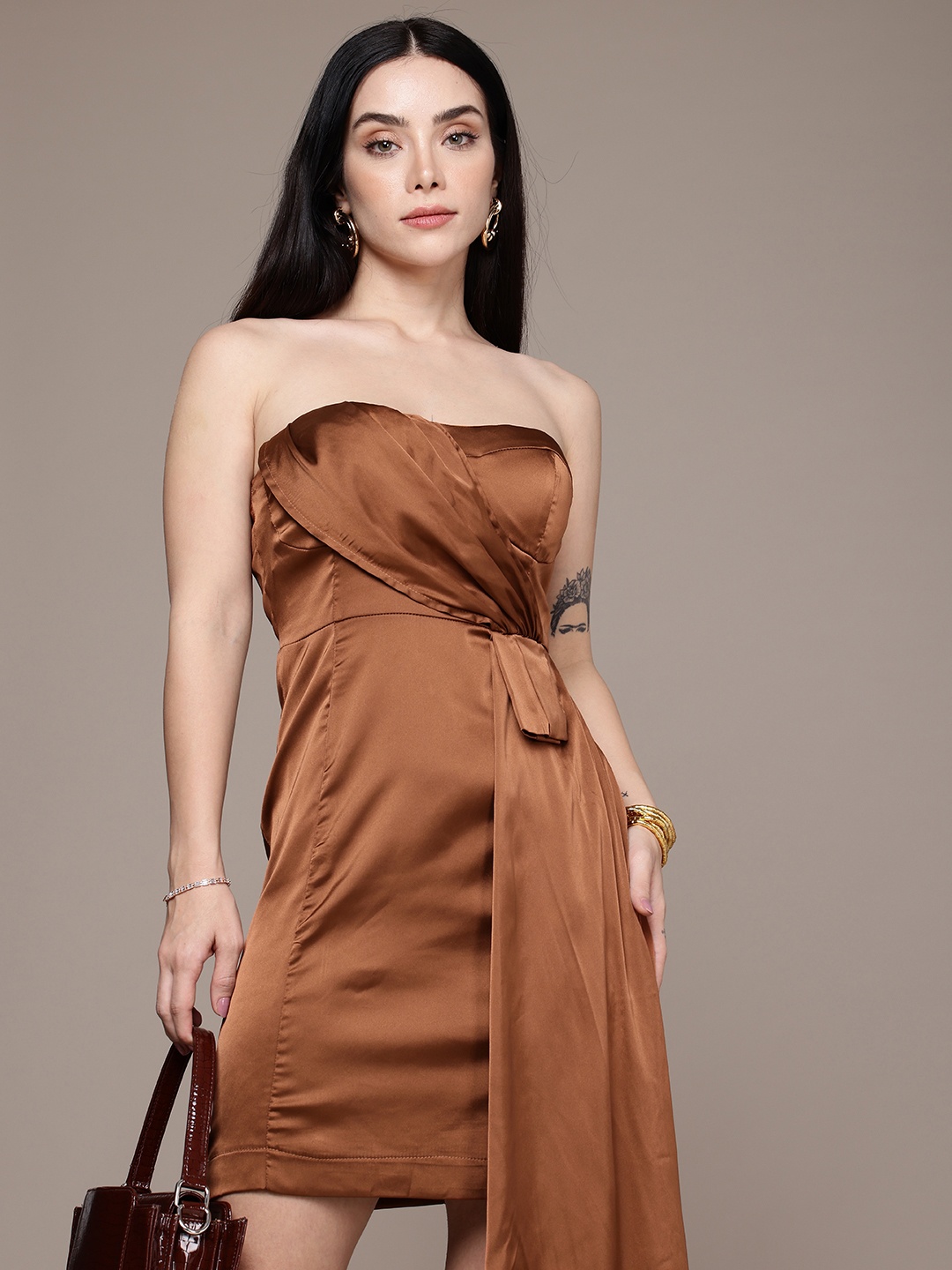 

bebe Gathered Satin Finish Bandeau Dress, Brown