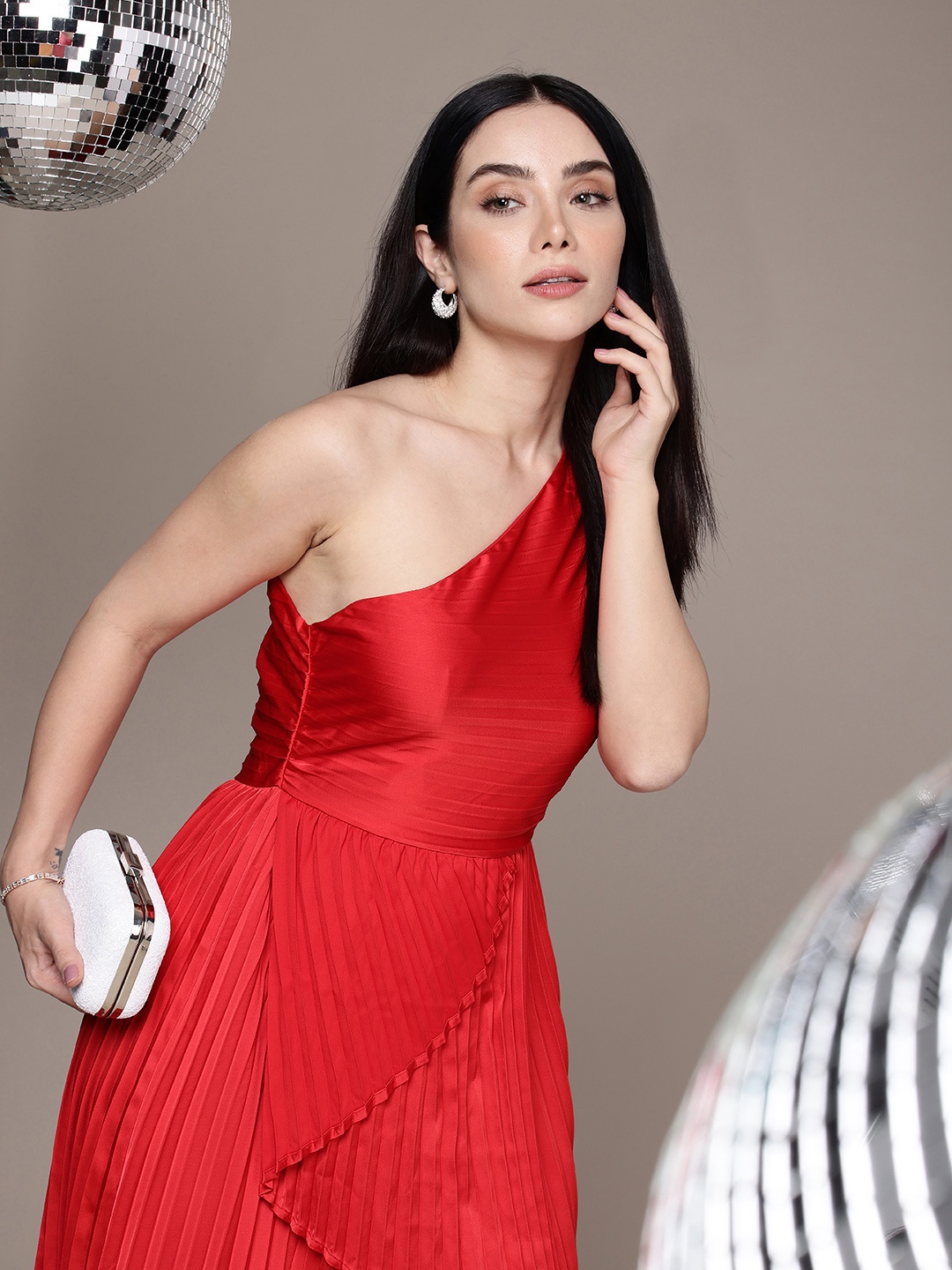 

bebe One Shoulder Accordion Pleats A-Line Midi Dress, Red