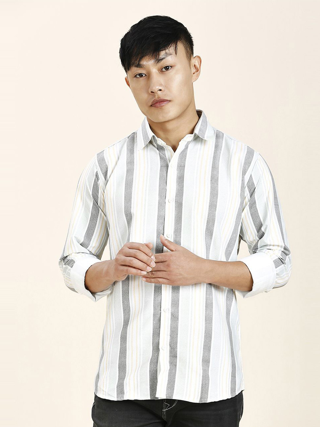 

TRYBUY.IN Men Standard Opaque Striped Pure Cotton Casual Shirt, White