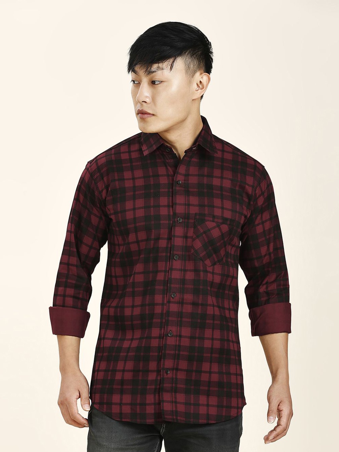 

TRYBUY.IN Men Cotton Standard Tartan Checks Opaque Casual Shirt, Maroon