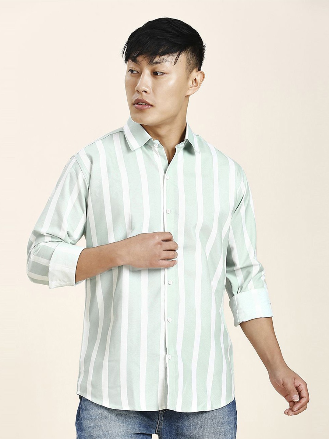 

TRYBUY.IN Men Standard Opaque Striped Pure Cotton Casual Shirt, White