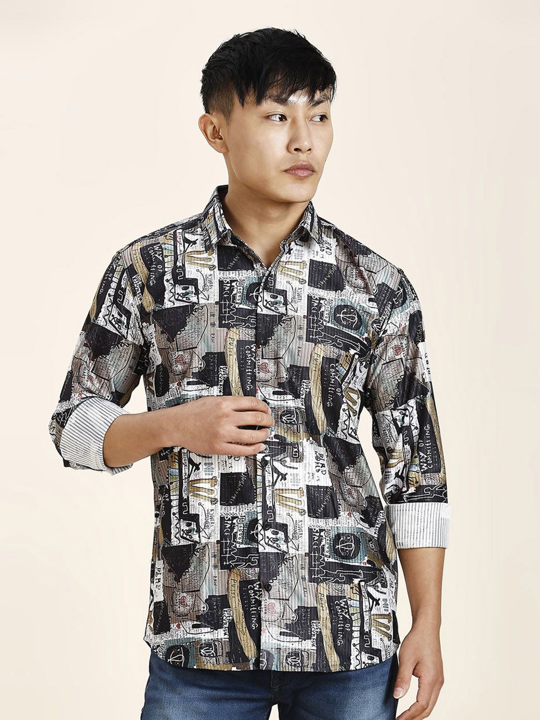 

TRYBUY.IN Men Cotton Standard Opaque Abstract Printed Casual Shirt, Black