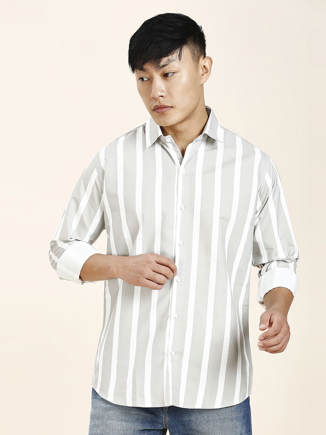 

TRYBUY.IN Men Vertical Stripes Striped Standard Opaque Casual Shirt, Grey
