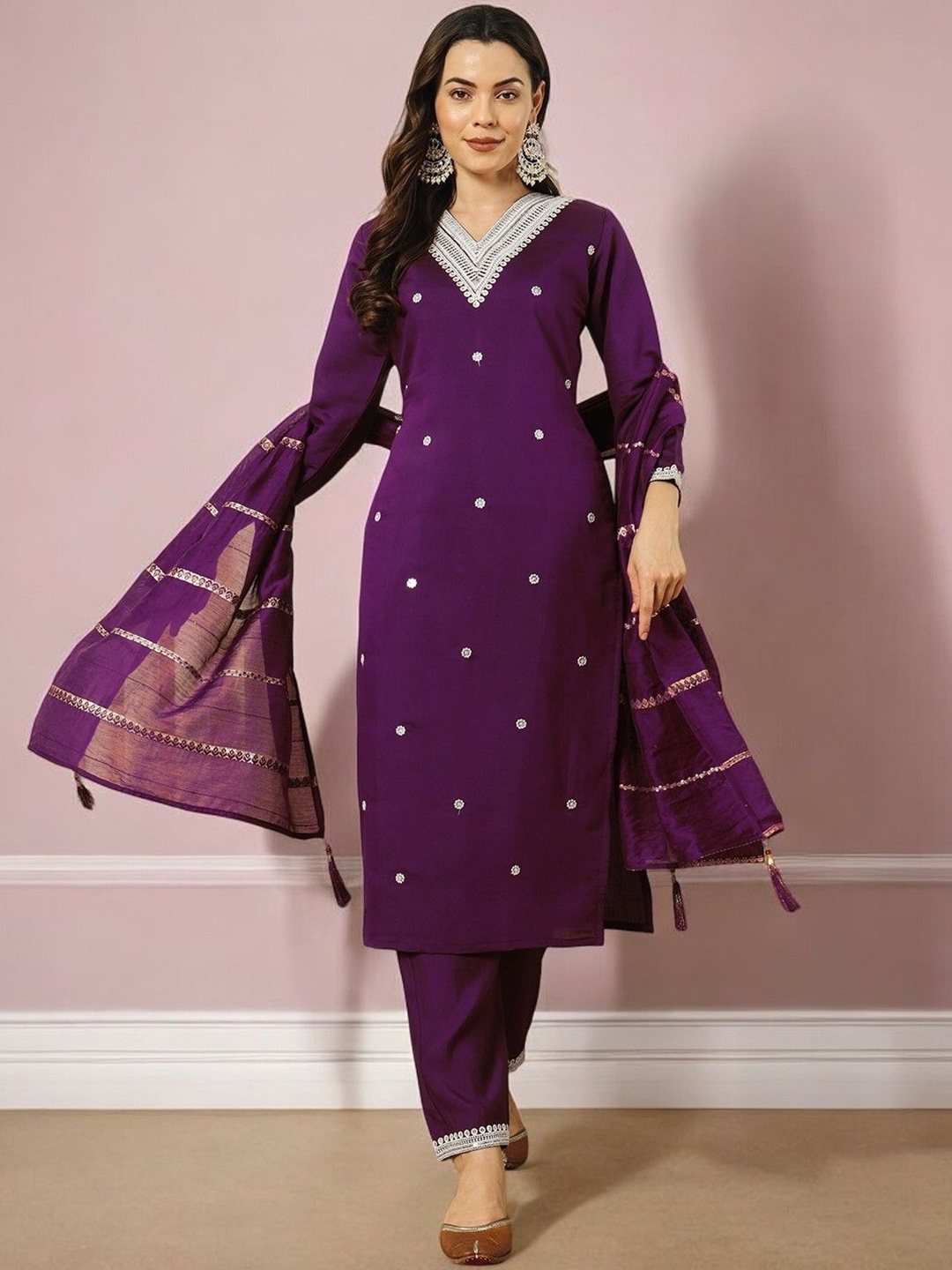 

MORLY Floral Embroidered Raw Silk Straight Kurta with Trousers & Dupatta, Purple