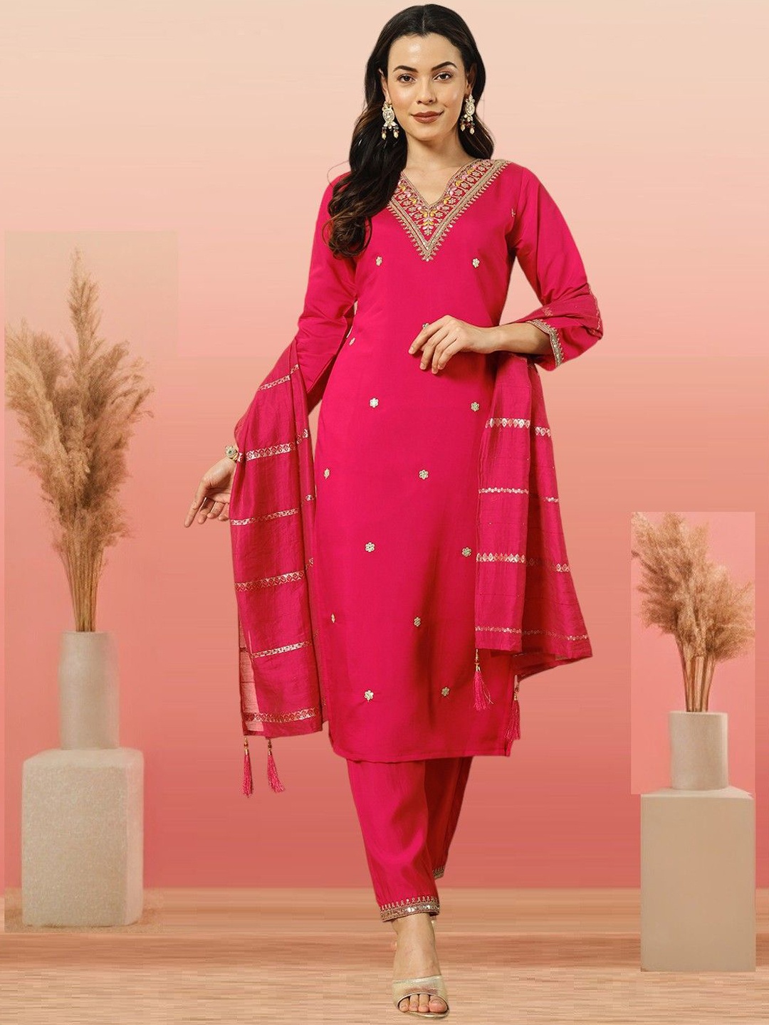 

MORLY Floral Embroidered Raw Silk Straight Kurta with Trousers & Dupatta, Pink