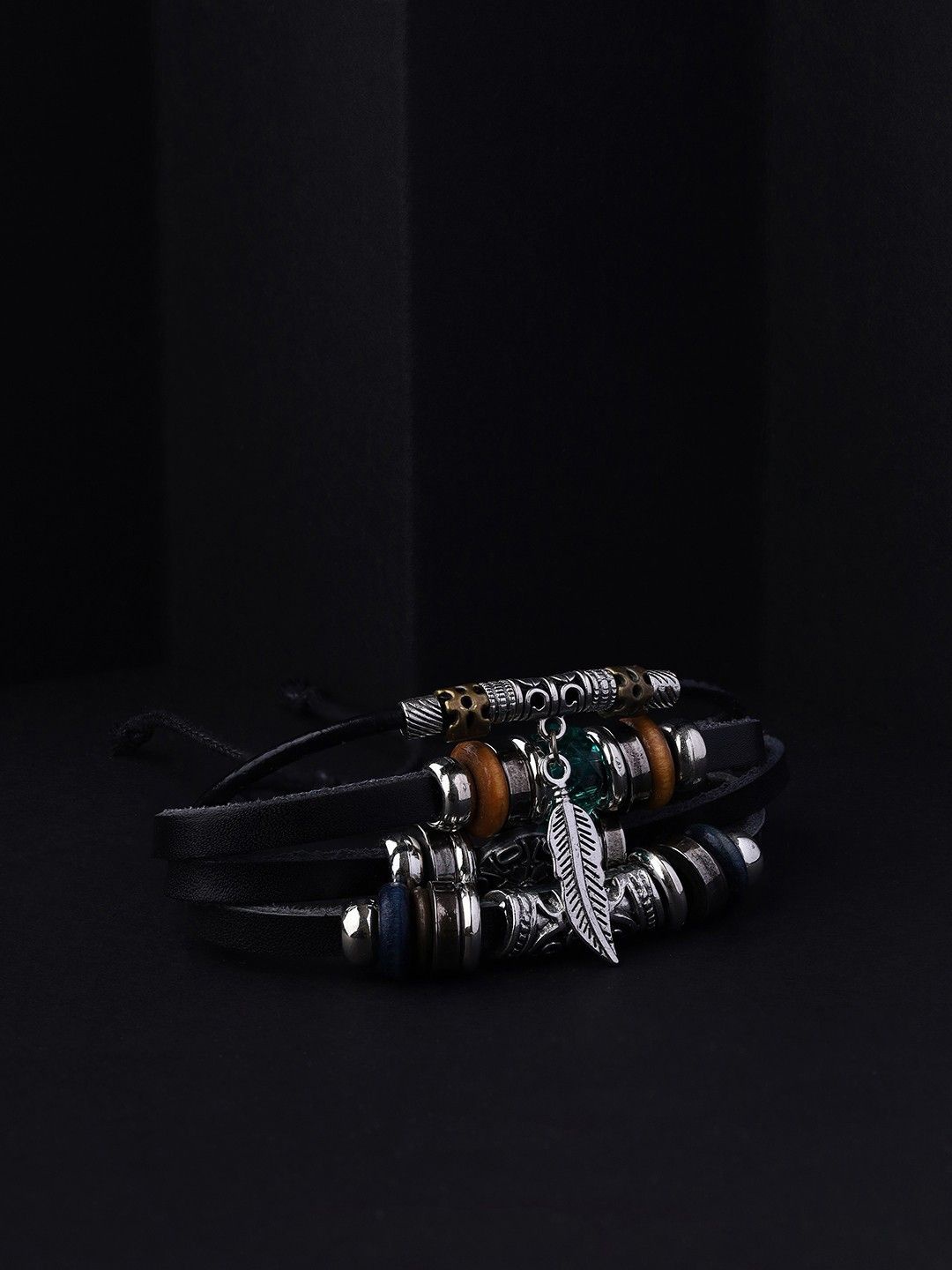 

VAGHBHATT Men Leather Multistrand Bracelet, Black
