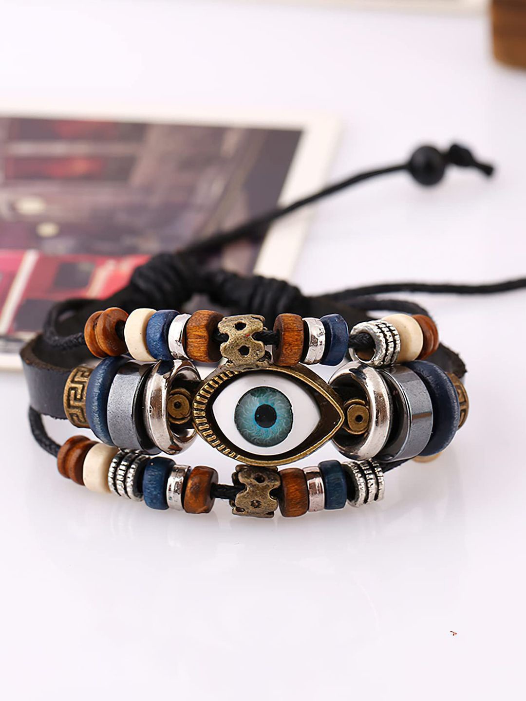 

VAGHBHATT Men Beaded Leather Multistrand Bracelet, Black