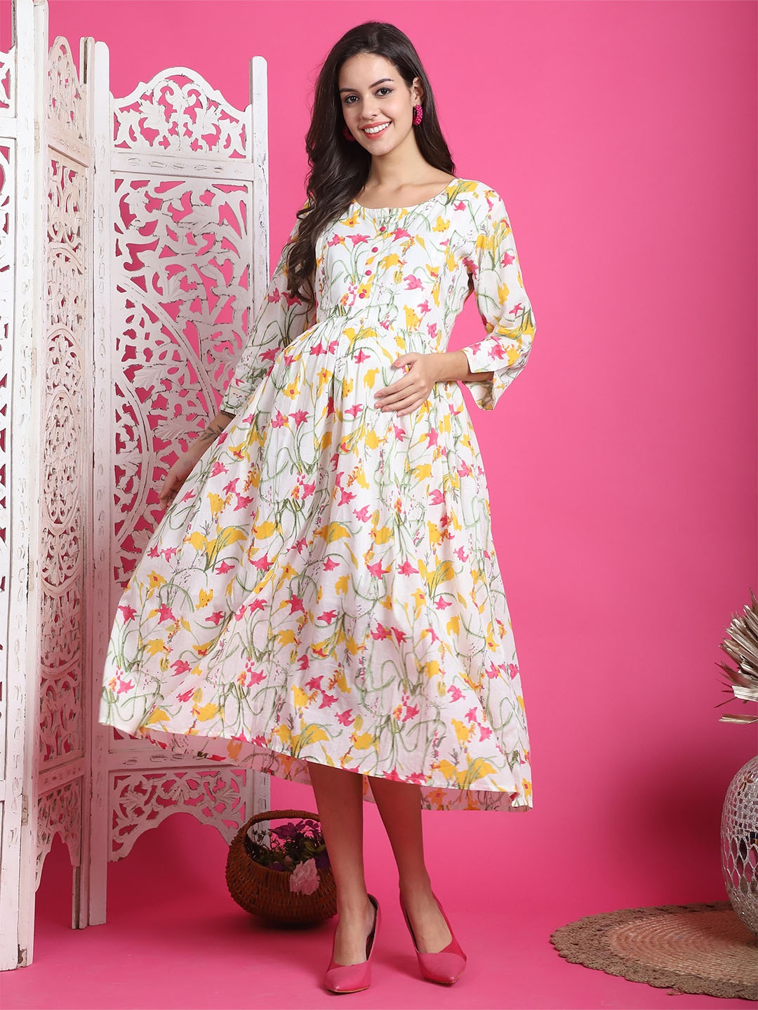 

Rajnandini Floral Printed Maternity Fit & Flare Midi Ethnic Dress, White