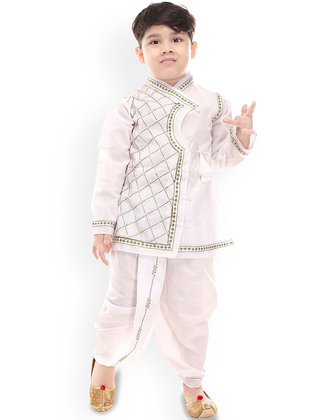 

BAESD Boys Geometric Embroidered Angrakha Kurta With Dhoti Pants, White