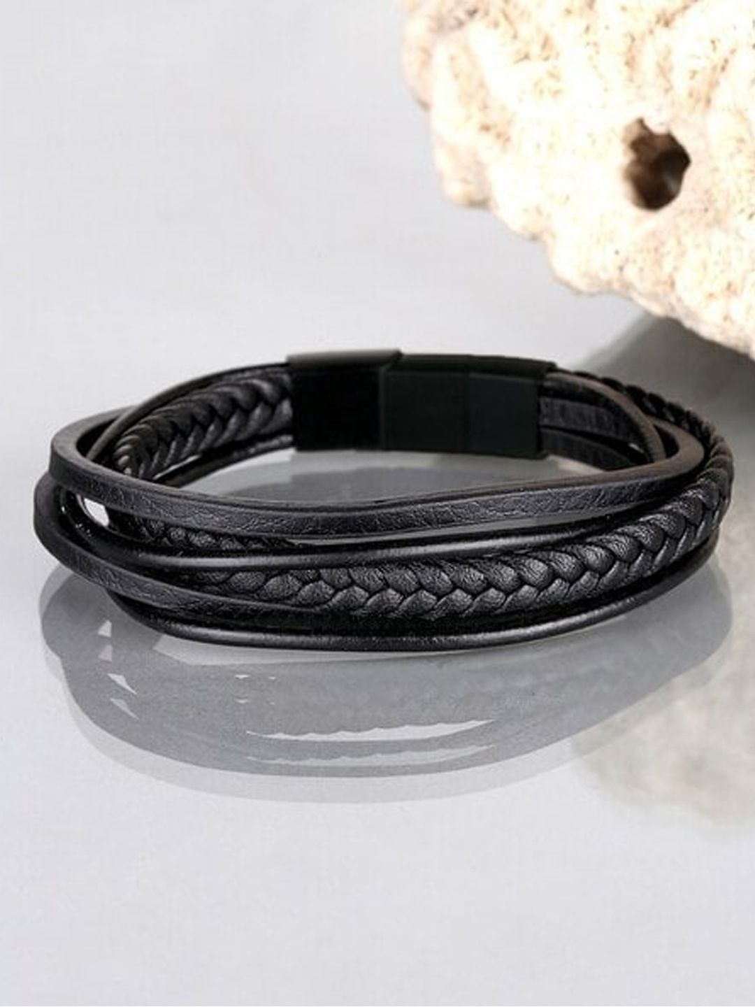 

FIMBUL Men Stainless Steel Leather Multistrand Bracelet, Black
