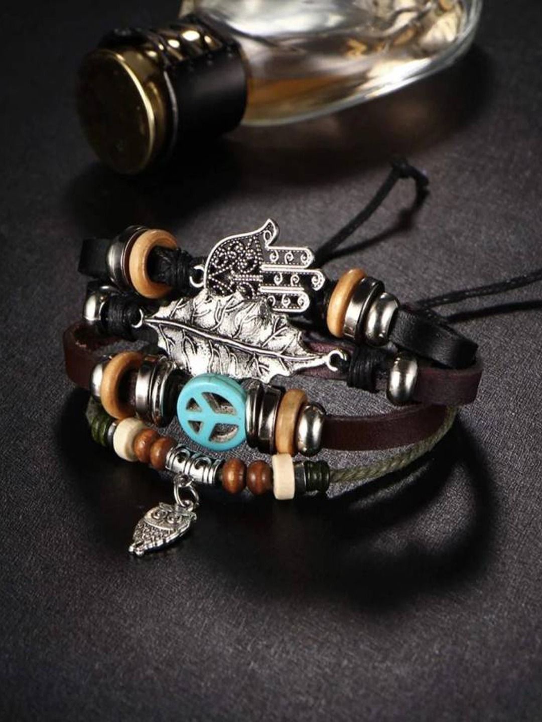 

FIMBUL Men Stainless Steel Leather Multistrand Bracelet, Silver