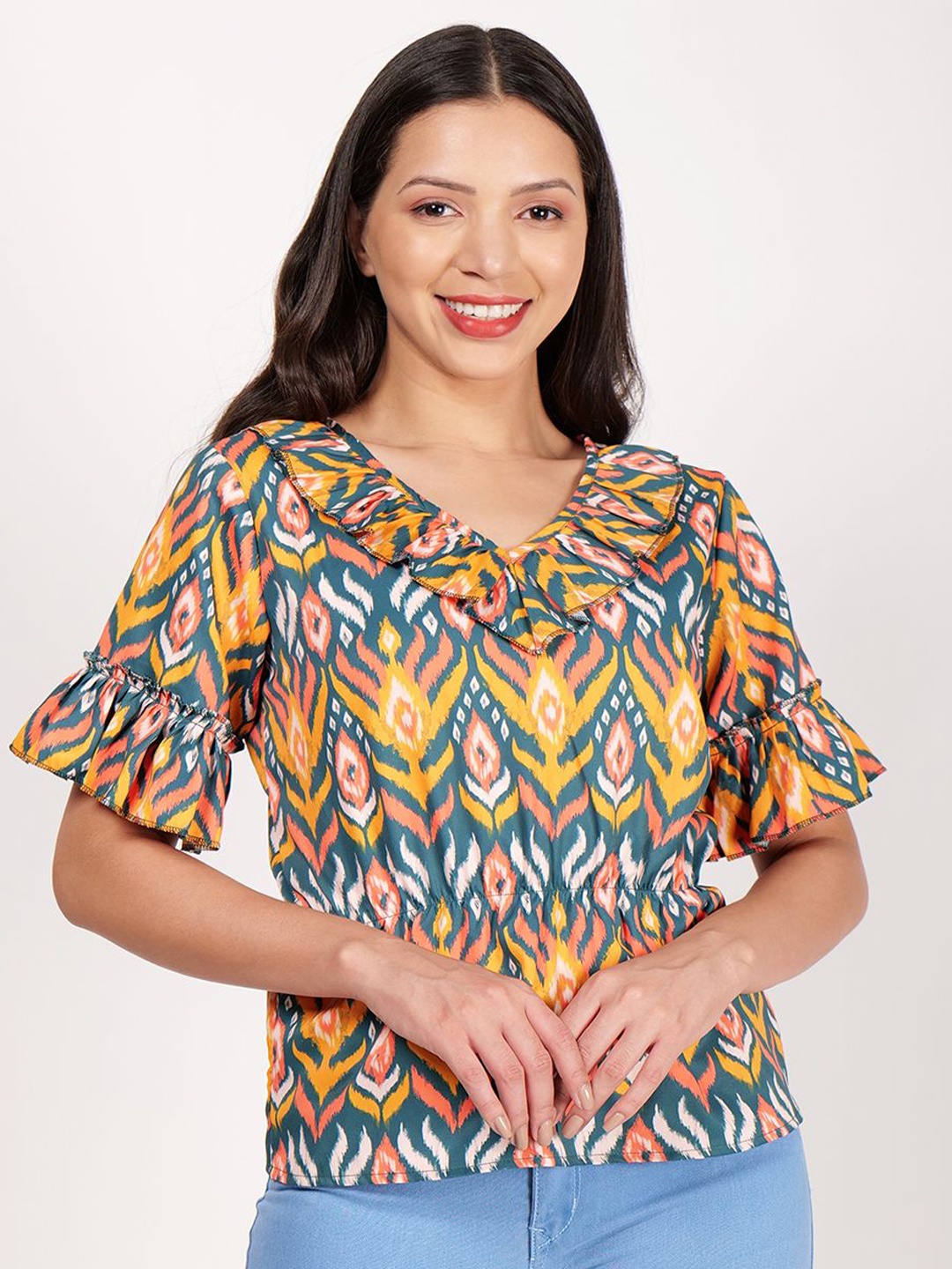 

Frolic Rolic Women Floral Ikat Print V-Neck Top, Yellow