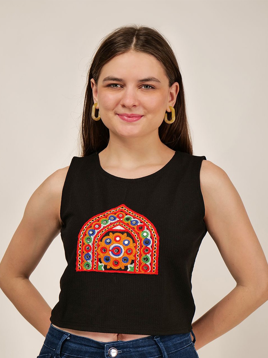 

Frolic Rolic Embroidered Patch Work Polyester Round Neck Top, Black