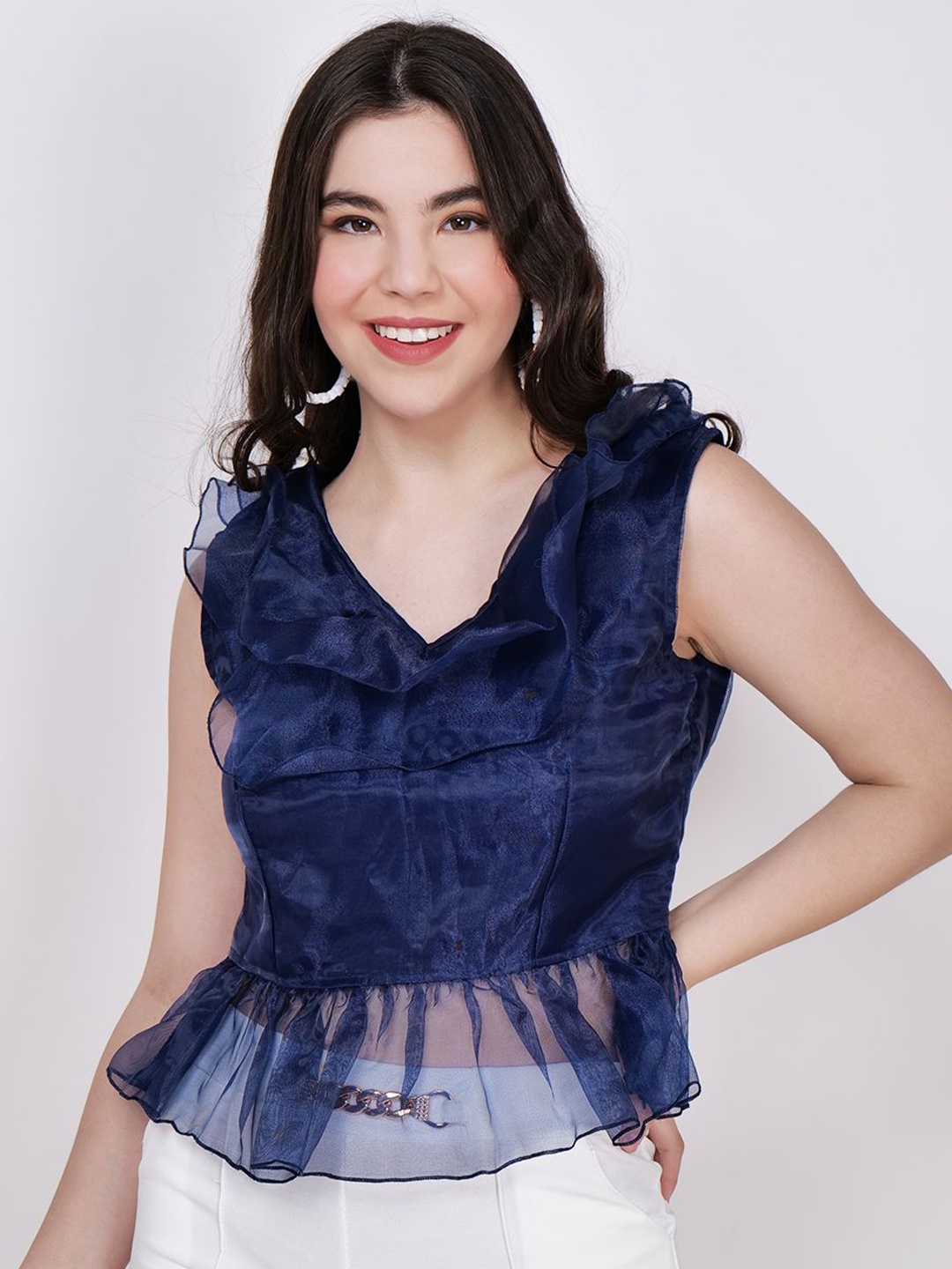 

Frolic Rolic Organza Frill V Neck Sleeveless Regular Top, Navy blue