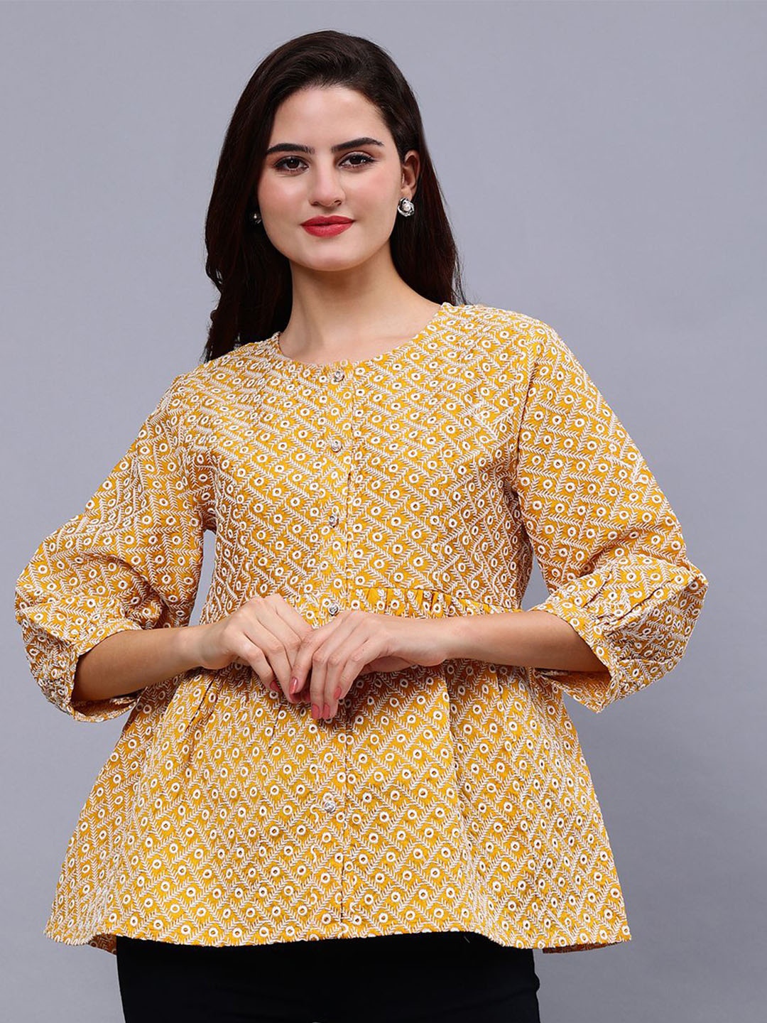 

Frolic Rolic Embroidered Gathe Top, Mustard