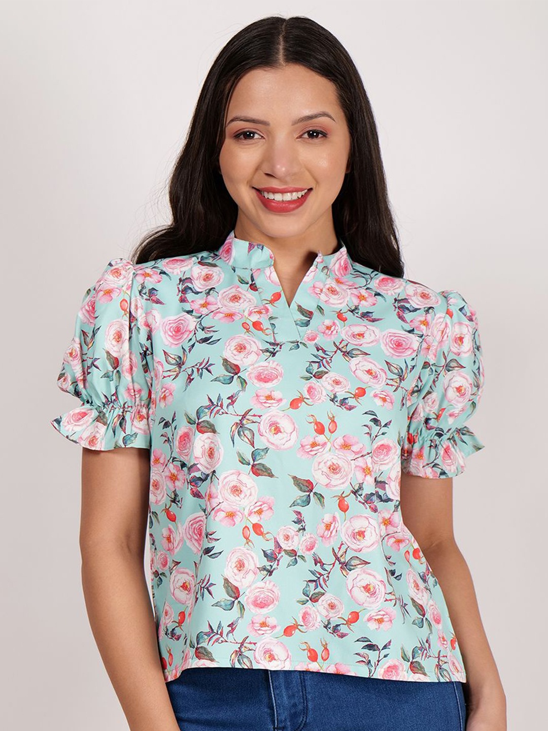 

Frolic Rolic Floral Print Polyester Collar Neck Top, Turquoise blue