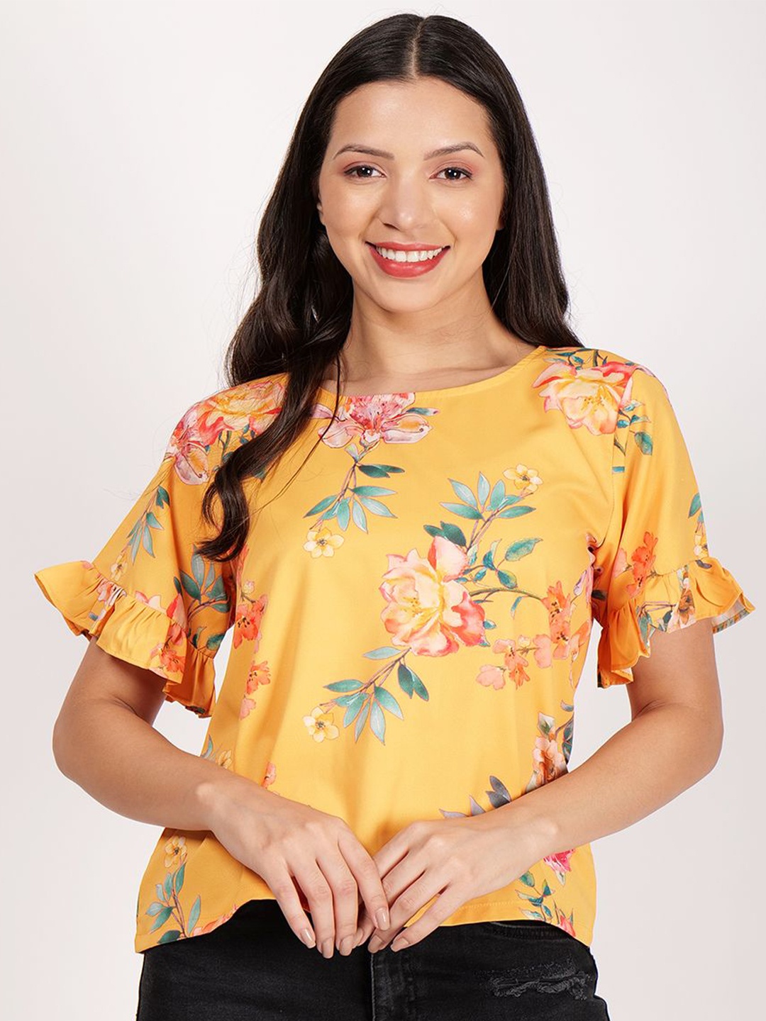 

Frolic Rolic Floral Printed Round Neck Top, Yellow