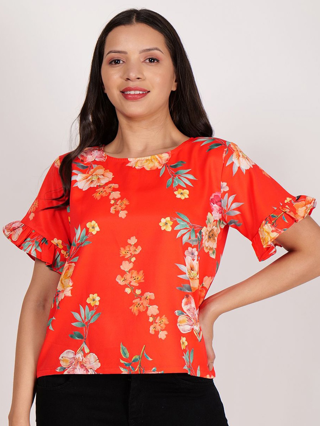 

Frolic Rolic Floral Print Polyester Round Neck Regular Top, Red