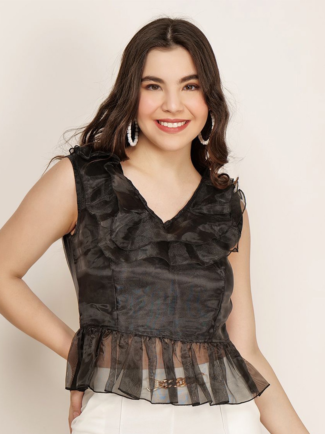 

Frolic Rolic Organza Frill V Neck Sleeveless Regular Top, Black