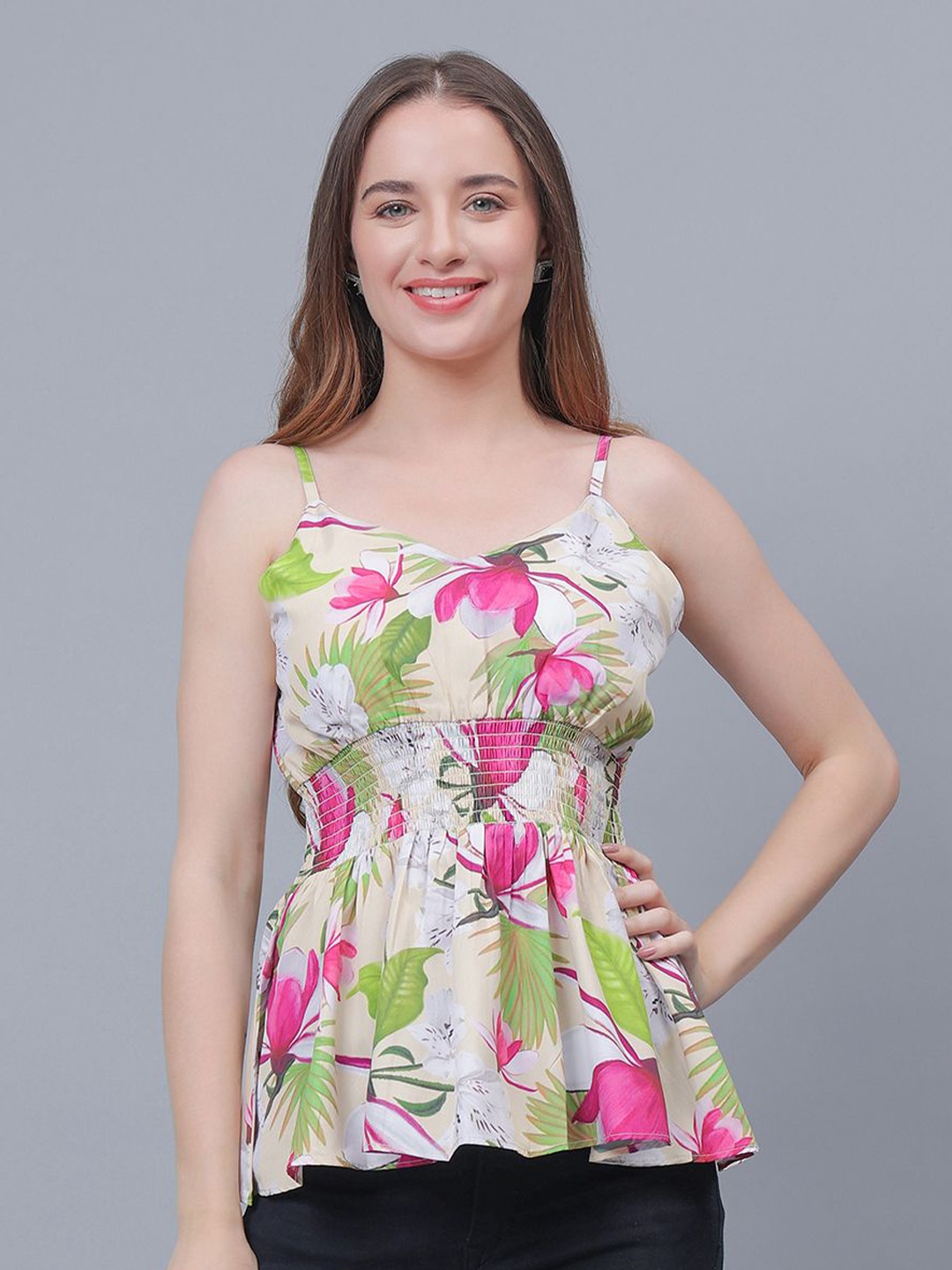 

Frolic Rolic Women Floral Printed Smoking Cinched Waist Top, Cream