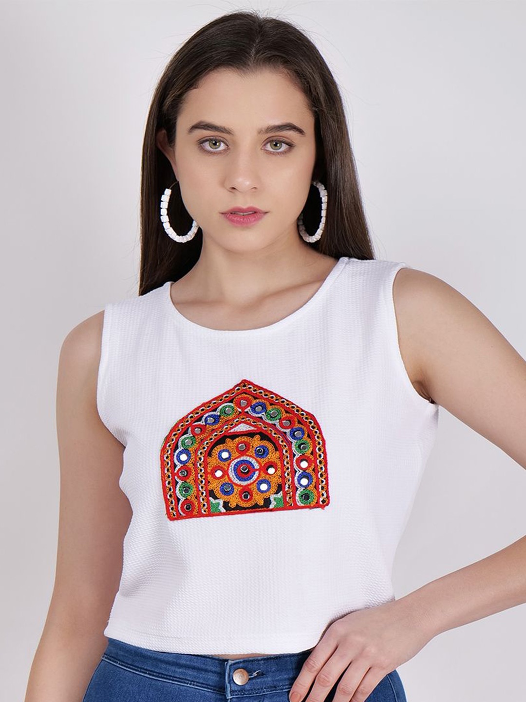 

Frolic Rolic Embroidered Patch Work Polyester Round Neck Top, White