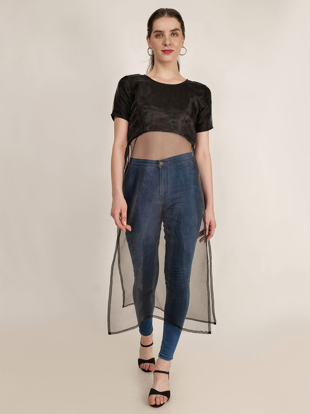 

Frolic Rolic Organza Longline Round Neck Polyester Top, Black