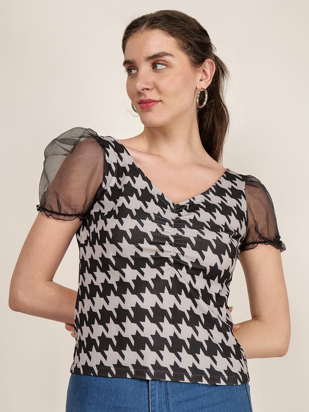 

Frolic Rolic Houndstooth Print Organza Top, Black