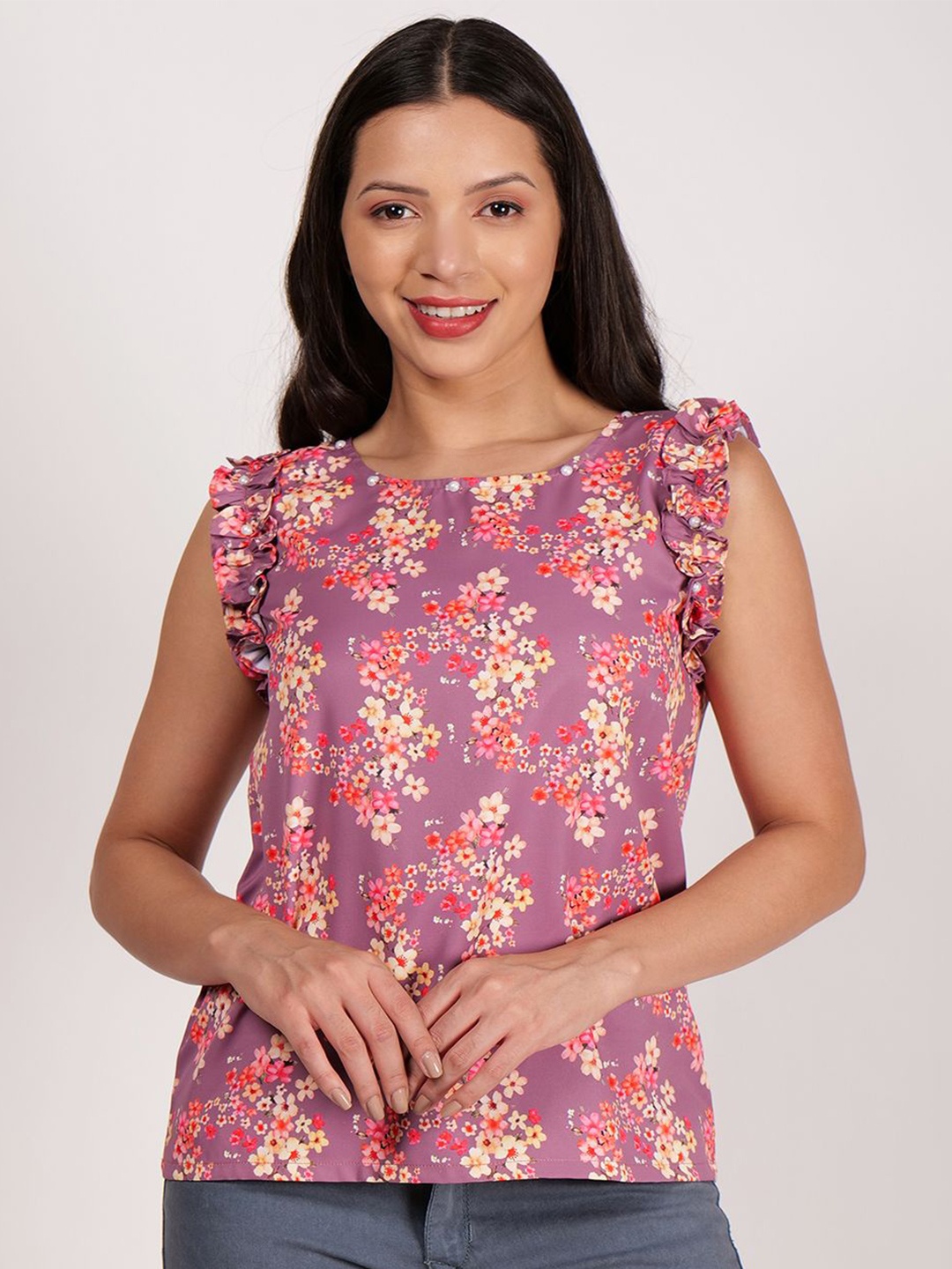 

Frolic Rolic Floral Print Sleeveless Round Neck Polyester Top, Purple